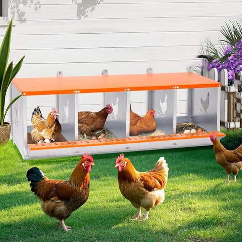 4-Bay Metal Nest Box for Chickens Wall Mount, Galvanized Steel Hen Laying Box with Hen-Shaped Vent Holes, Includes Coconut Fiber Pad, Easy to Clean & Assemble (Orange/Silver) - size: 42.5” L x 17” W x 15” H