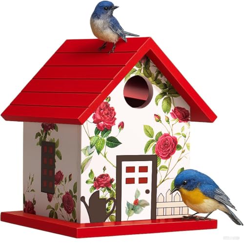 Spring Melody Bird House, Composite Material Nesting Box, Hanging Birdhouse for Blue Bird, Squirrel Proof Birdhouse for Outside, 10 Years Water Proof Weatherable Pole Mountable Bird House (Red) - color: Red Garden Cottage