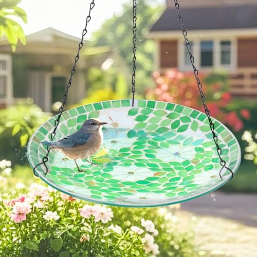 Hanging Mosaic Bird Bath Outdoor, Glass Bird Feeder for Garden Decor | 12 Inch Mosaic Hanging Birdbath for Outdoors, Glass Bird Water Bowl Flower Leaf Feeders for Outside, Garden, Lawn Yard Decor