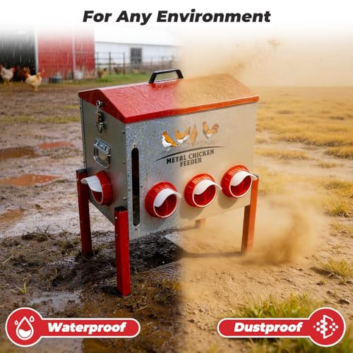 Automatic Chicken Feeder 50LBS Large Capacity, 8 Anti-Waste Ports Metal Poultry Feeder with Height Adjustable Stand, Waterproof Rodent Proof Feed Box with Lid Viewing Window for Hens Ducks Geese - size: 50LBS