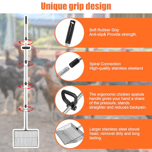 15 inch Large Chicken Poop Scooper with Ergonomic Grip, 6 in 1 Detachable Chicken Scooper for Poop Shovel (20 to 79"), Stainless Steel Sifting Shovel for Chicken Coop/Goat Stall/Stable Cleaning Tool