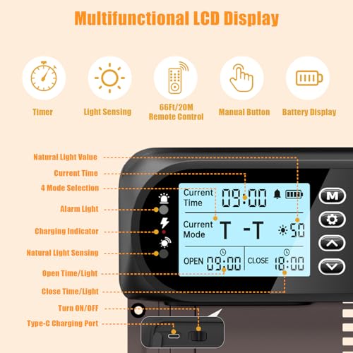 Automatic Chicken Coop Door Solar Powered, LCD Screen Electric Auto Chicken Coop Door with Timer & Light Sensor, Aluminum Rechargeable Auto Chicken Door Opener with Remote Control & 4 Modes
