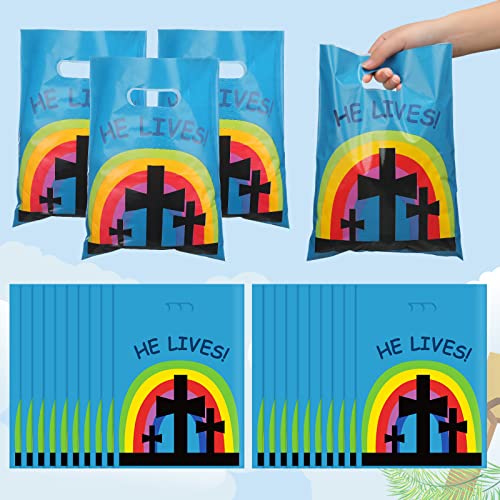 Oudain 60 Pcs Religious Goody Bags, Easter Treat Gift Bag with Handles, Christian Cross Plastic Candy Packaging Bags for Party Favor Easter Egg Hunting Game VBS Gift Packaging(Cross) - color: Cross