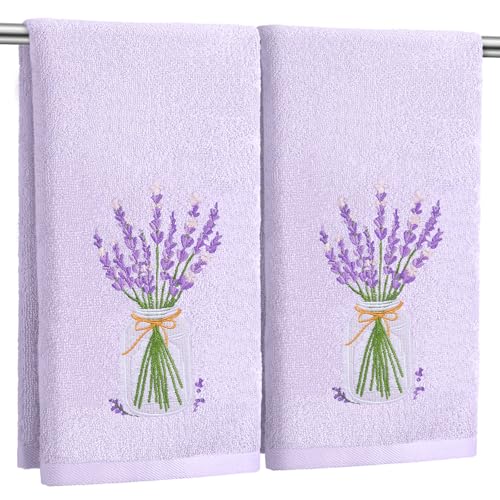 SmoothNovelty 2 Pcs Lavender Hand Towels Purple Bathroom Decor 14x29 Inch Embroidered 100% Cotton Soft Absorbent Spring Summer Decorative Hand Towels for Bathroom Kitchen - style: Lavender