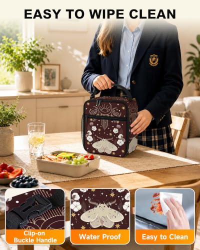 Lunch Box Insulated Lunch Bag for Girls Boys Kids Teen,Stars Moon Moth | Reusable Lunchbox, Cooler Tote Bag, Mesh Side Pocket, Easy to Clean, Waterproof Leak-Proof Lining for School Office Picnic - color: Stars Moon Moth