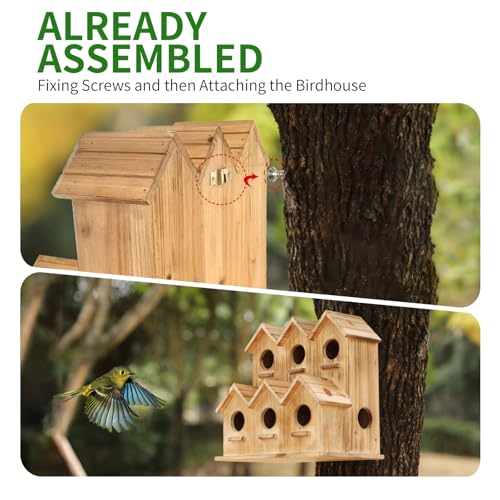 Wooden Bird Houses for Outside, 8 Room Hanging Birdhouse, Large Bird House for Bluebird Finch Cardinals, Decorative Outdoor Bird Nesting Box