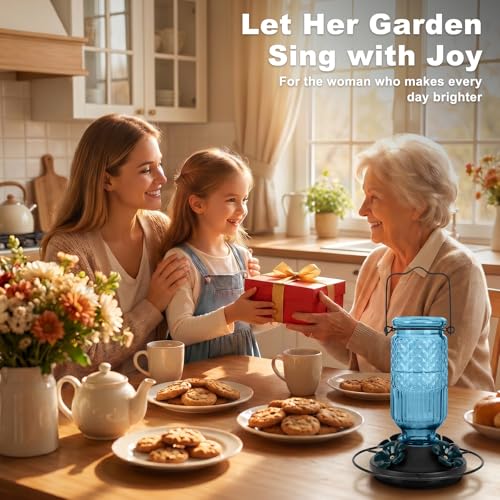 Glass Hummingbird Feeder for Outdoors Hanging, 16 oz Leak-Proof Nectar Feeder with Bee Guards & Ant Moat, 4 Metal Flower Feeding Ports, 360° Perch Ring, Easy Refill & Clean, Blue - color: Blue