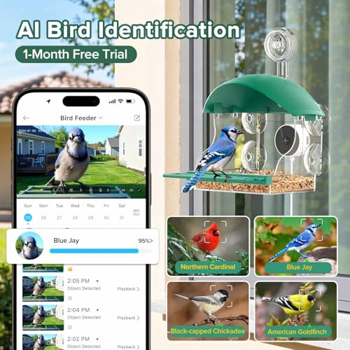 2026 Upgraded Window Bird Feeder with Camera for Bird Watching | 2K Live Video,AI Bird Identification,Instant Arrival Alerts,Support 2.4G/5G WIFI,Featuring 5 Strong Suction Cups.