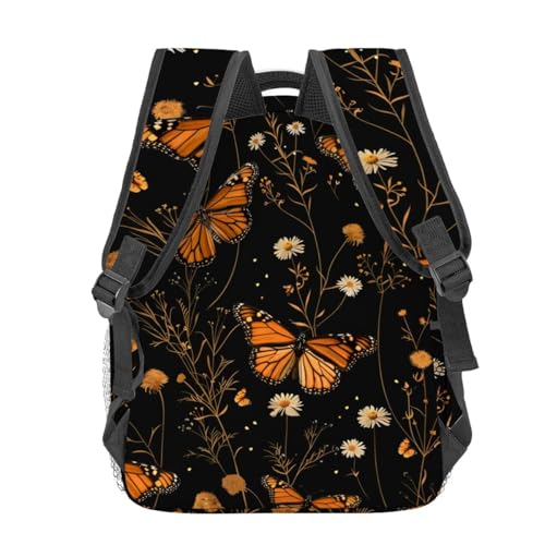 Monarch Butterfly Backpack,Elegant Floral Daisy Polyester Backpacks,Lightweight Double Shoulder Back Pack for Girls Women,Flower Black Bookbag,School Bag Gifts,Casual Travel Daypack Book Packs - color: Butterfly 01