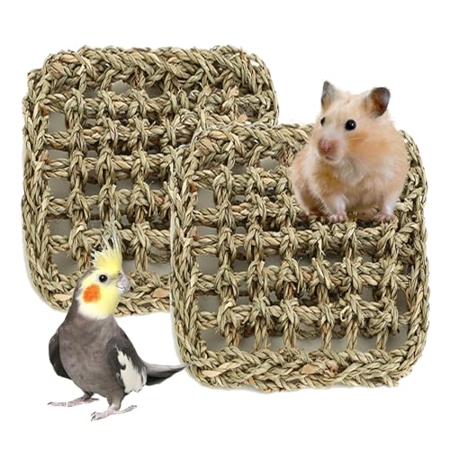 2 PCS 7 x 7 Inches Seagrass Mat, Natural Seagrass Woven Bird Net Hammock Mat, Cage Accessories, Climbing Rope Ladder Chew Toys for Parrots, Cockatoos, Lovebirds, Cockatiels, Budgies, Parakeets - size: 7 x 7 Inch