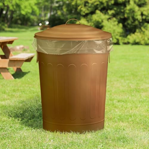 Plexon 13 Gallon Metal Trash Can with Lid Outdoor Vintage Trash Can Steel Retro Garbage Can for Kitchen Farmhouse Rustic Bird Seed Storage Pet Food Cute Bucket, Brown - color: Brown