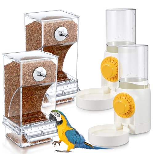 Jingmore 4 Pcs No Mess Small Bird Feeder Parakeet Water Dispenser Set Automatic Clear Parakeet Feeder Acrylic Watered Cage Accessories for Canary Budgie Lovebirds Finches(White) - color: White