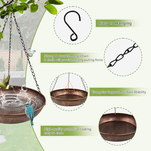 12" Metal Hanging Bird Bath with Chains and Hook | 2" Deep Bowl, 0.7Gal Capacity, 3 Chain Support, Easy Cleaning, Rust Resistant, Garden Decor - size: 12"