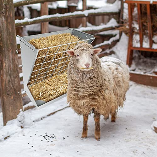 Wall Mount Hay Rack, Metal 2 in 1 Hay and Grain Feeder | Livestock Feeder with Adjustable Distance, Hay Feeder for Goats, Sheep, Horse - color: Silver