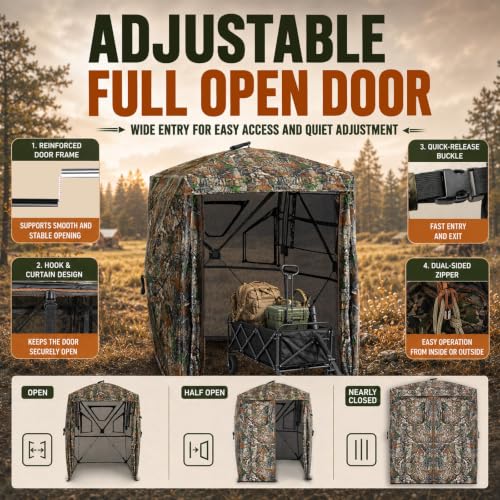 Hunting Blind See Through, Pop Up Ground Deer Blind, Large Door | 270/288/360 Degree See Thru, 1/2/3/4 Person Hunting Camouflage Tent, With/Without floor, Swing/Diamond/Horizontal Door Design - size: 3-4 Person, style: 270°/Horizontal Door