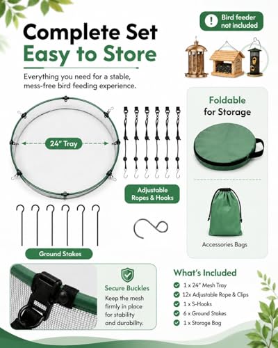 Bird Seed Catcher Tray for Outdoor Hanging Feeders, 24" Large Upgraded Anti-Flip Feeder Tray with Complete Accessories, 4" Deep Windproof Platform to Catch Dropped Seeds, Fits Most Bird Feeders - size: 24 Inch - 1 Pack