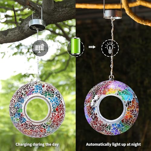 VCUTEKA Bird Feeder, Fly Through Mosaic Solar Birdfeeder for Garden Decor | 8" Mosaic Bird Feeders for Outside Hanging Round Shape Glass Container to Attract More Wild Bird Feeders for Bird Lovers - color: Multi