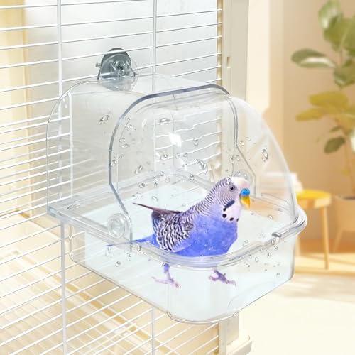 Bird Bath for Cage, Plastic Water Bowl Feeder for Pet Birds, Parrot Bathtub with Hanging Hooks for Little Bird Parrots Spacious Parakeets Portable Shower for Most Birdcage - color: clear