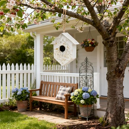 Vintage Metal Hanging Birdhouse, Decorative Bird House with Home Engraving, Distressed Design White and Gold Bird Home, Ideal for Outdoor Garden Decor - color: White-Home