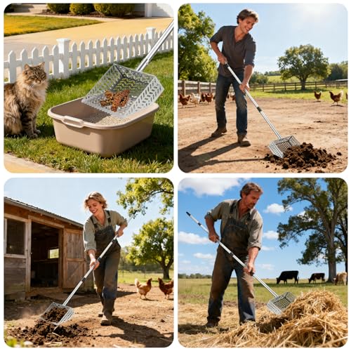 304 Stainless Steel Chicken Poop Scooper & Rake 2-in-1 with Spill-Proof Sides, 10 inch Coop Scoop - 38" to 80" Adjustable Handle & Perfect Sifting Holes