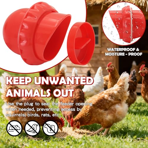 Chicken Feeder No Waste 8 Ports DIY Automatic Poultry Feeder with 8 Covers and 1 Hole Saw,Rainproof Rat-Proof Gravity Chicken Feeder Kit for Buckets,Bins,Barrels,Troughs - color: Red
