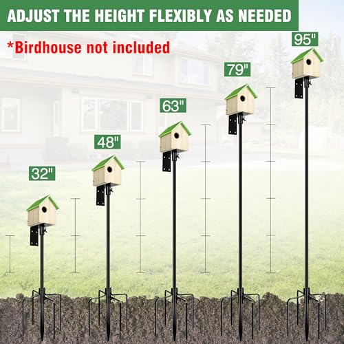YINGYM 95 Inch Bird House Pole Mount Kit for Outdoors Heavy Duty | Adjustable Metal Bird Feeder Stand Pole with 2-Hooks, 5-Prong Base for Garden, Backyard and Patio Use - size: 95 inch