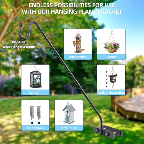 Deck Hook Railing Mount,Heavy Duty Metal Plant Hanger 360°Rotating | Shepherd Bracket For Bird Feeder, Flower Baskets, Lanterns | Extended Arm, Rust-Resistant For Deck, Patio & Garden Use - size: Railing Mount