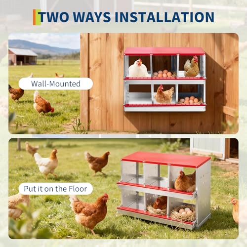 Chicken Nesting Box, 2-Tier 6 Compartments Metal Poultry Nest Box, Hen Laying Box, with Perch & Ventilation Holes, for Backyard Chicken Coops Home Poultry Raising - size: 37.8"L x 18.9"W x 28.0"H
