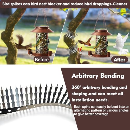 Bird spikes deterrent for outside Stainless Steel 360°Bend 100cm with Accessories, Anti Climb Spikes to Keep Birds- Pigeon-Racoon-Squirrel-Cat Away from porch baffle feeder yard patio garden Fence