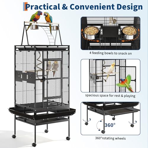 67-Inch Playtop Wrought Iron Large Parrot Bird Cages with Rolling Stand for Cockatiels Parrot Quaker Conure Parakeet Lovebird Canary Small Medium Parrot Cage Birdcage, Black | Wrought Iron Cage with Wheels, Rolling Parakeet Cage with Removable Tray for Co