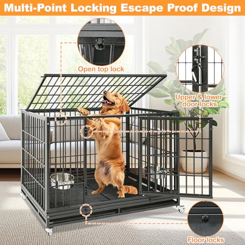Homey Pet Large Dog Crates for Large Dogs, 47 Inch Heavy Duty Stackable Dog Cage with 2 Bowls, 4 Wheels, Double Removable Trays and Grids, Escape Proof Metal Wire Dogs Kennel Indoor - size: 47.0"L x 28.5"W x 35.0"H