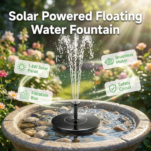Solar Bird Bath Fountains, 2026 Upgrade 1.4W Solar Fountain Pump with 6 Nozzles, Free Standing Floating Solar Powered Water Fountain Pump for Bird Bath, Garden, Pond, Water Feature Outdoor (1, 6.3in) - size: 6.3in