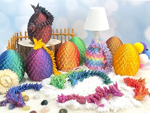 12PCS 3D Printed Dragon Eggs with Articulated Crystal Dragons Inside | Mystery Egg Surprises, Flexible dragons, Easter Basket Stuffers, Party Favors, Classroom Rewards, Gifts, Random Colors - color: Rainbow Dragon Eggs