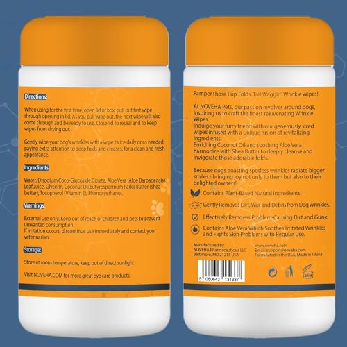 NOVEHA 240PCs - Wrinkle XL Wipes for Dogs | Wipes for Bulldog, French Bulldog, Pug, English Bulldog – Wipes for Multiple Areas Removes Dirt, Wrinkles, Folds, Tear Stain, Tail Pockets & Paws (2Pack) - size: 240 Wrinkle Wipes