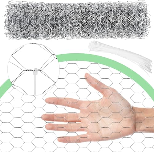 Chicken Wire 16.9 in x 590.5 in Poultry Wire Netting Hexagonal Galvanized Mesh Garden Fence Barrier for Pet Rabbit Chicken Fencing with 100 Pcs Cable Zip Ties - color: Silver, size: 16.9"x590.5"+100Ties