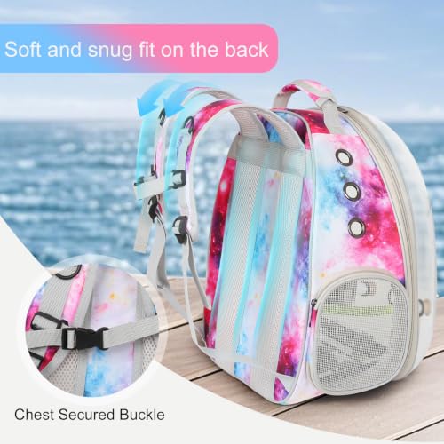 Galaxy Bird Carrier Backpack, Water and Food Cup, Tray and Perch, Clear Bubble Space Capsule Travel Bag - color: Galaxy Pink