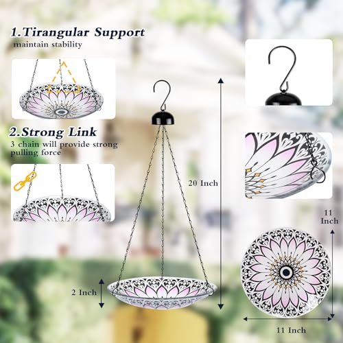 Hanging Bird Baths Outdoor Glass Flower Birdfeeder Garden Yard Decor | 12 Inch Hanging Bird Bath for Outside, Flower Glass Bird Water Bowl Bird Feeder for Garden, Lawn and Yard Decor - color: lotus
