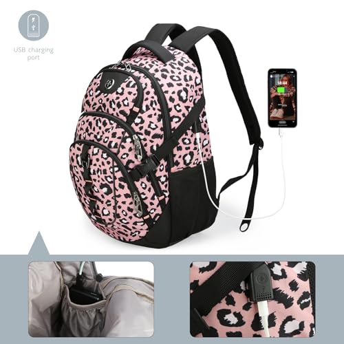 Swissdigital Laptop Backpack with USB Charging Port, Travel Backpack Fits 15.6 inches Computer, 31L Backpack for Women, Pink Leopard | SD803-102 - color: Pink Leopard
