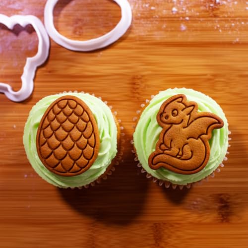 BAKERLOGY Mini Baby Dragon and Dragon Egg Cookie Cutter and Stamp Set (2") – Fantasy-Themed Embosser for Nursery Cookies, Fondant Tool for Mythical Birthday Cupcakes and Baby Shower Cakes