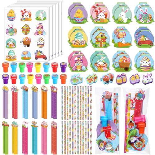 168 Pcs Easter Stationery Gifts Set Spring Easter Eraser Happy Easter Bookmark Rulers Easter Bunny Notepad Colorful Eggs Stickers Pencils Stamps for Reward Stuffer Filler Party Supplies