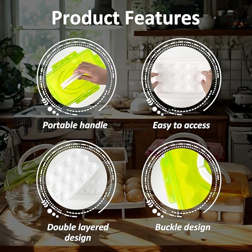 Ortable Large Capacity Double-layers Egg Storage Container Holds 24 Eggs Shatter-proof Non-slip Eggs Holder with Handle (Green) - color: Green