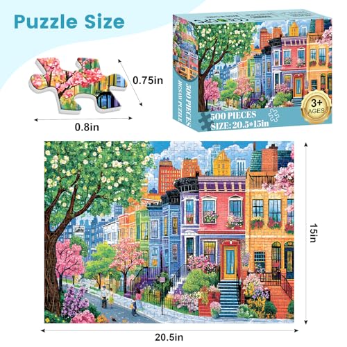 500 Pieces Puzzles for Adults, Spring Puzzle for Adults Elderly, Colorful Street Jigsaw Puzzle, Recycled Paper Puzzle 500 Pieces, Family Activity Game Nights Gifts 20.5x15 in | Recycled Paper Puzzle 500 Pieces, Family Activity, Game Nights Gifts, 20.5x15
