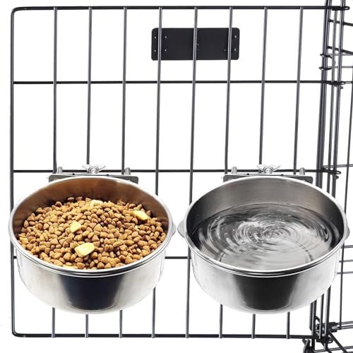 Hamiledyi 2 Pcs Dog Crate Bowl Stainless Steel Puppy Bowls Sturdy Spill-Proof Pet Water Bowl Hanging Water/Food Metal Bowls for Puppy Medium-Sized Dogs Cats (7'' x 2.6'') - size: L (58 OZ×2)