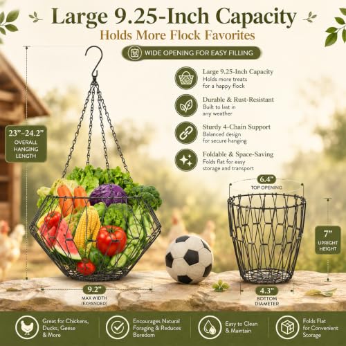 Hanging Chicken Feeder, 9.25IN Large Foldable Poultry Feeder Vegetable Fruits Basket with 4pcs Hanging Stainless Chain, Chicken Treat Holder Ball Boredom Toys for Chicken Hens Duck Coop, Black, 1 Pack - size: 1 Pack