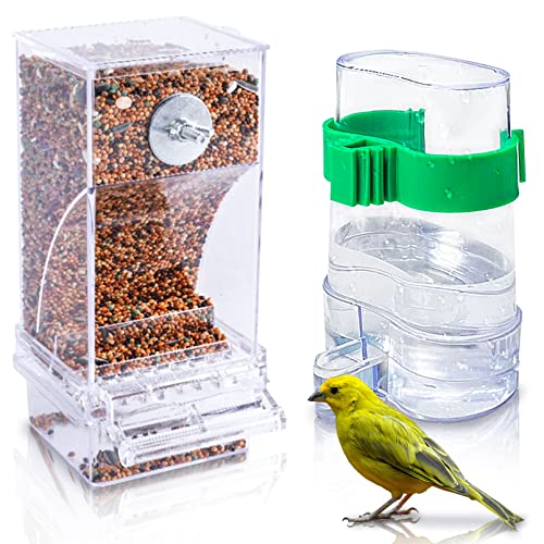 Hamiledyi No Mess Bird Feeders Automatic Parrot Feeder Drinker Acrylic Seed Food Container Parakeet Water Dispenser Cage Accessories for Lovebirds Budgies Canary Finch - color: Translucent + Drinking Bottle