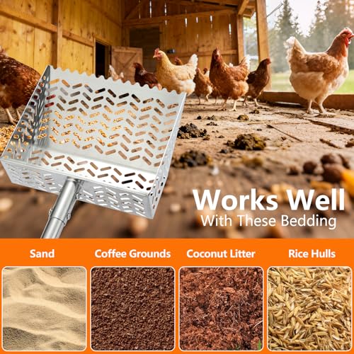 304 Stainless Steel Chicken Poop Scooper & Rake 2-in-1 with Spill-Proof Sides, 10 inch Coop Scoop - 38" to 80" Adjustable Handle & Perfect Sifting Holes