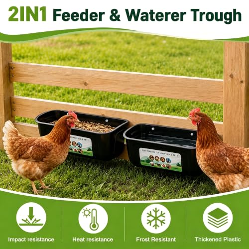 Chicken Feeder Waterer, 2 Pack Hanging Fence Trough, 5 Quart Total Capacity Plastic Feeder with Clips & Screws for Chicken, Duck, Goat, Sheep, Piglet, Dog and Poultry Livestock (Black 2pcs) - color: Black 2pcs