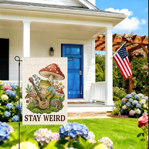RZHV Stay Weird Double-Sided Garden Flag for Outdoor House Yard Sign Garden Decor Parade, Cute Frog Mushrooms Vertical House Lawn Yard Sign, Housewarming Banner Gifts for Frog Lover Friends Neighbors - color: Weird B