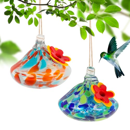 2 Pcs Blown Glass Hummingbird Feeder for Outdoors Hanging | Ant & Bee Resistant Window Bird FeederHandmade Garden Decor Gift for Women - Small Round Blue Red Glass Feeders Bundle - color: Style F