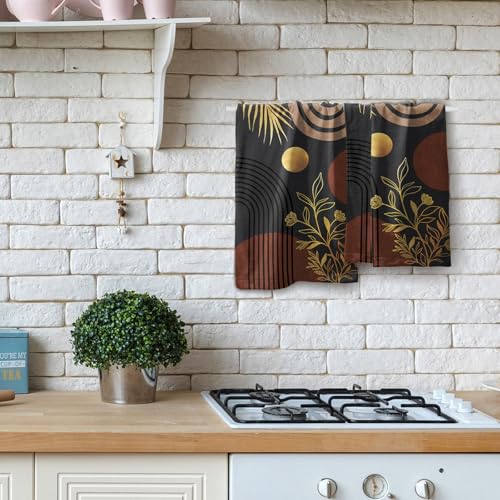 Black Boho Modern Kitchen Towels Set of 2 Abstract Mid Century Soft Absorbent Face Towels Retro Gold Leaves Tea Dish Towels Housewarming Gifts for New Home Bathroom Hotel 14"x28" - color: Black Boho